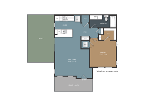 Floor plan for 1 bed, 1 bath, 744 sqft